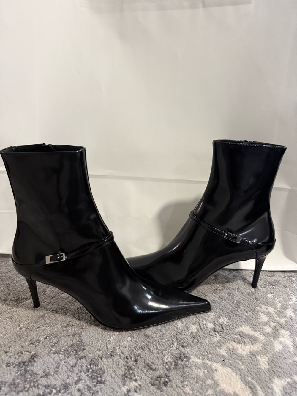Yves Saint Laurent Black Patent Pointed Toe Ankle Boots